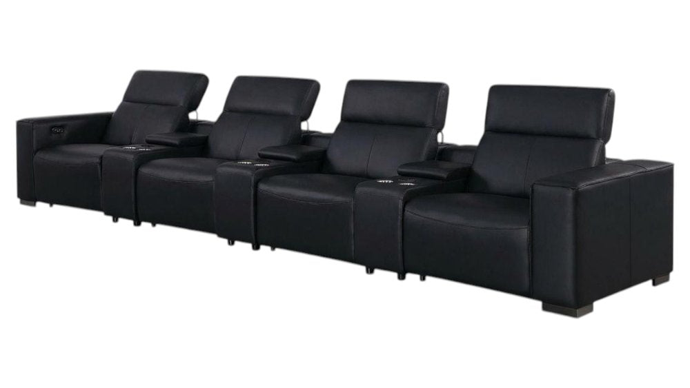 179" Black Top Grain Leather Reclining USB Sofa And Storage