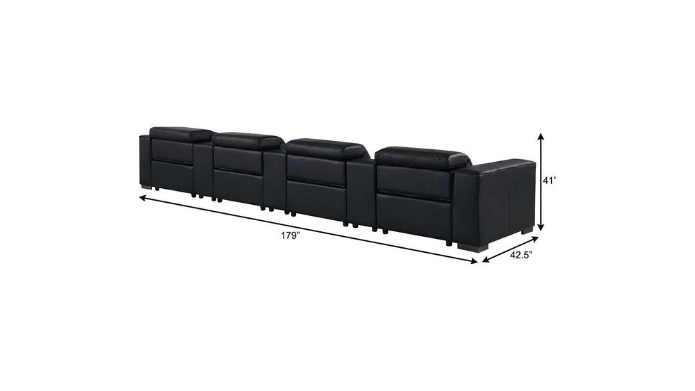 179" Black Top Grain Leather Reclining USB Sofa And Storage
