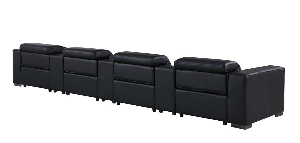 179" Black Top Grain Leather Reclining USB Sofa And Storage