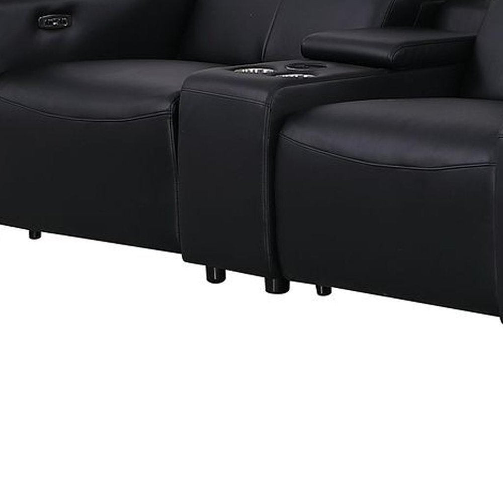 179" Black Top Grain Leather Reclining USB Sofa And Storage