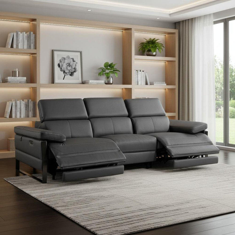 104" Dark Gray Italian Leather Reclining USB Sofa