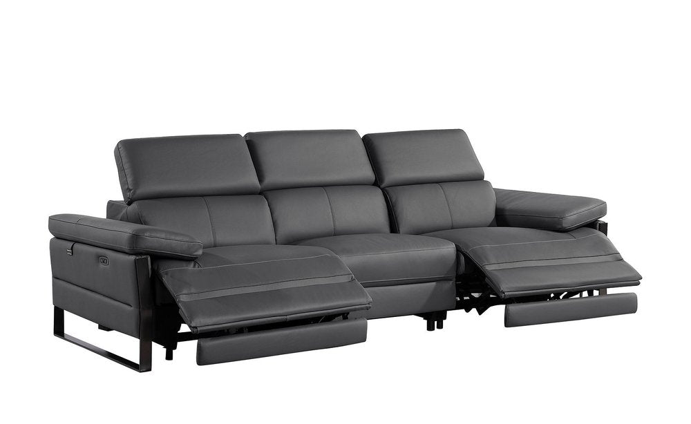 104" Dark Gray Italian Leather Reclining USB Sofa