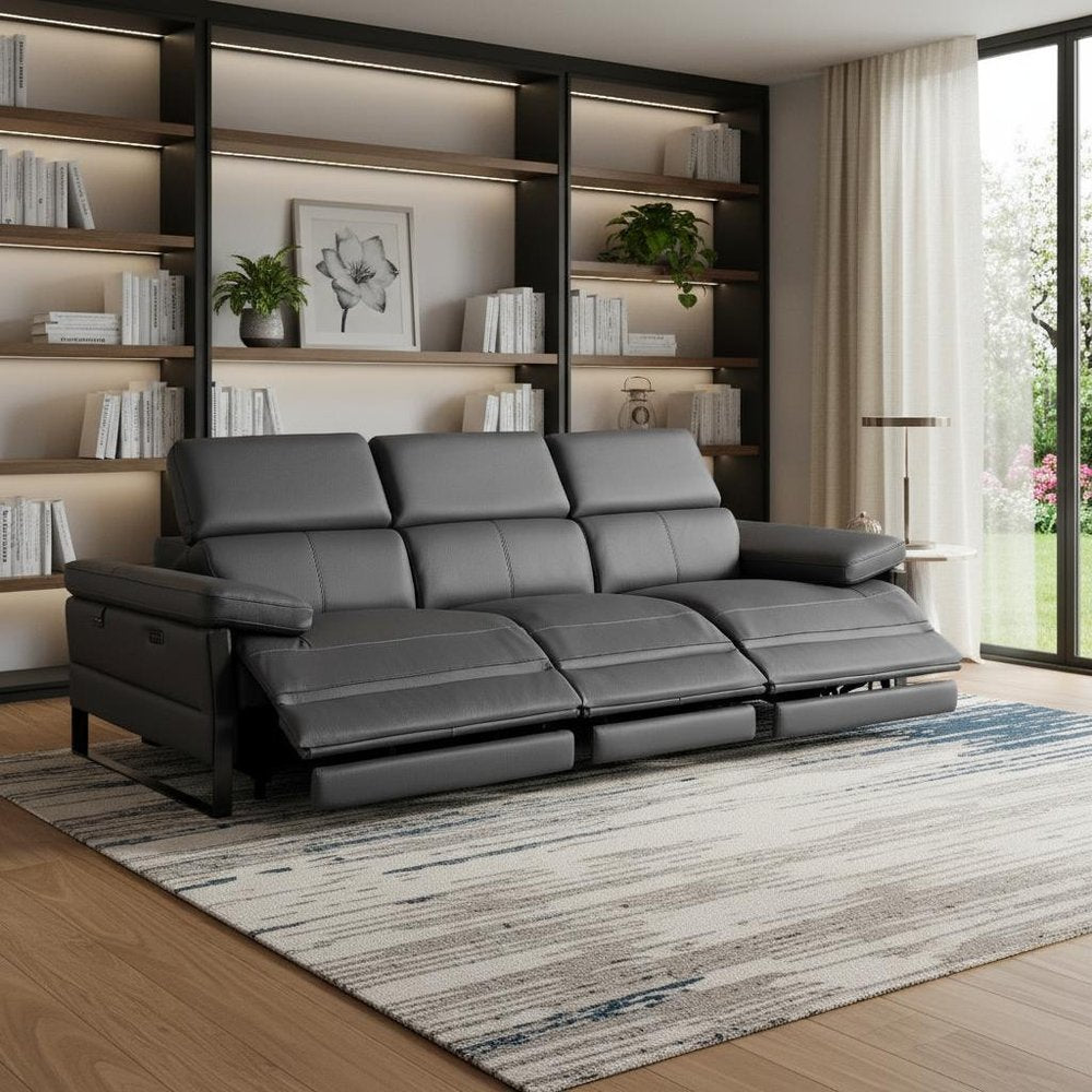 104" Dark Gray Italian Leather Reclining USB Sofa