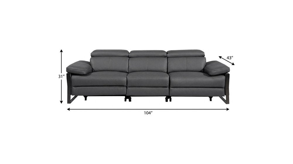 104" Dark Gray Italian Leather Reclining USB Sofa