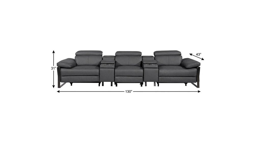 130" Dark Gray Italian Leather Reclining USB and Wireless Charger Sofa And Storage