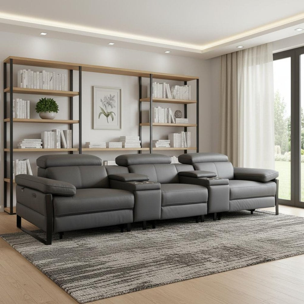 130" Dark Gray Italian Leather Reclining USB and Wireless Charger Sofa And Storage