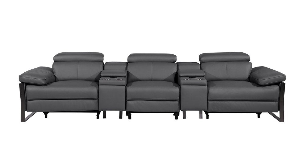 130" Dark Gray Italian Leather Reclining USB and Wireless Charger Sofa And Storage