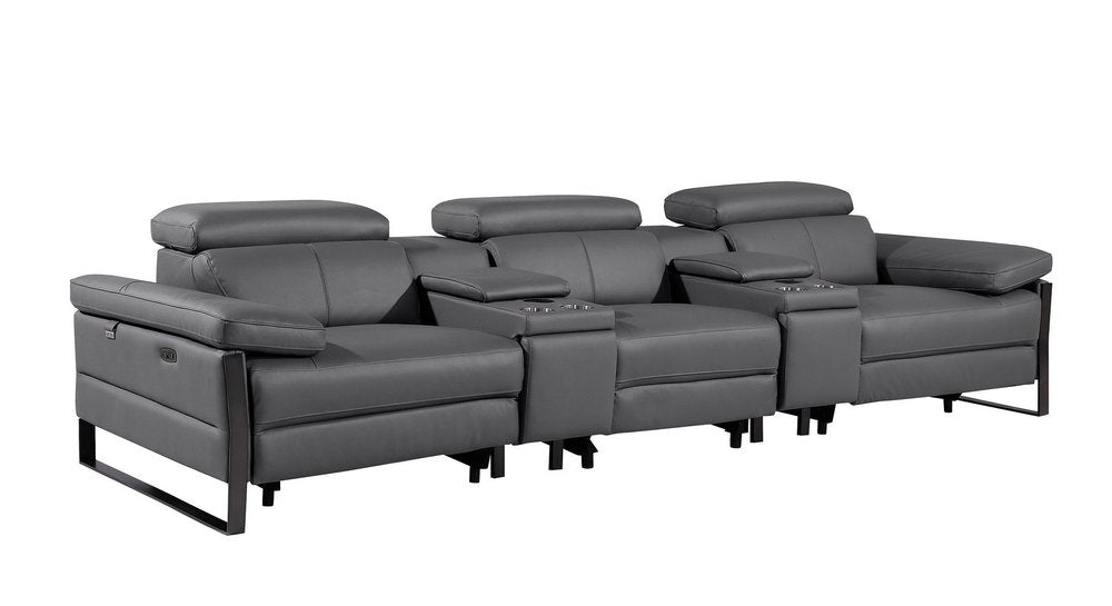 130" Dark Gray Italian Leather Reclining USB and Wireless Charger Sofa And Storage