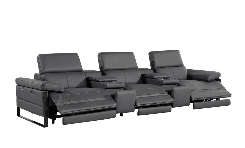 130" Dark Gray Italian Leather Reclining USB and Wireless Charger Sofa And Storage