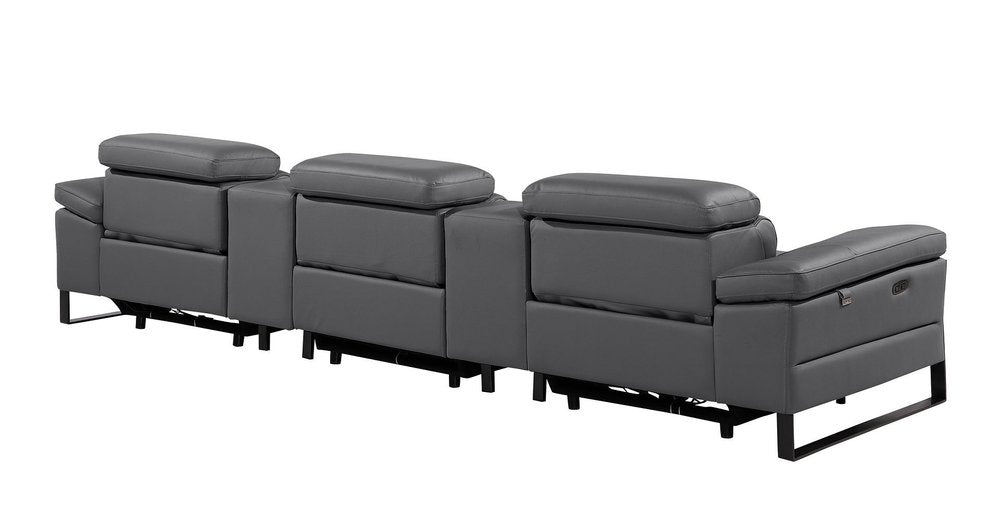 130" Dark Gray Italian Leather Reclining USB and Wireless Charger Sofa And Storage