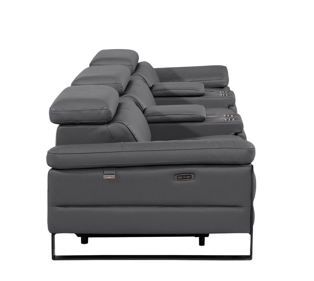 130" Dark Gray Italian Leather Reclining USB and Wireless Charger Sofa And Storage