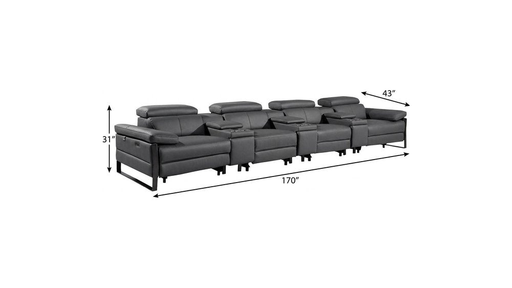 170" Dark Gray Italian Leather Reclining USB and Wireless Charger Sofa And Storage