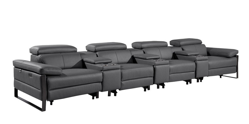 170" Dark Gray Italian Leather Reclining USB and Wireless Charger Sofa And Storage