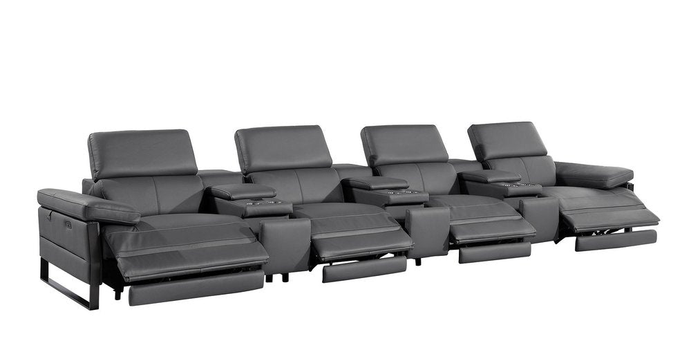 170" Dark Gray Italian Leather Reclining USB and Wireless Charger Sofa And Storage