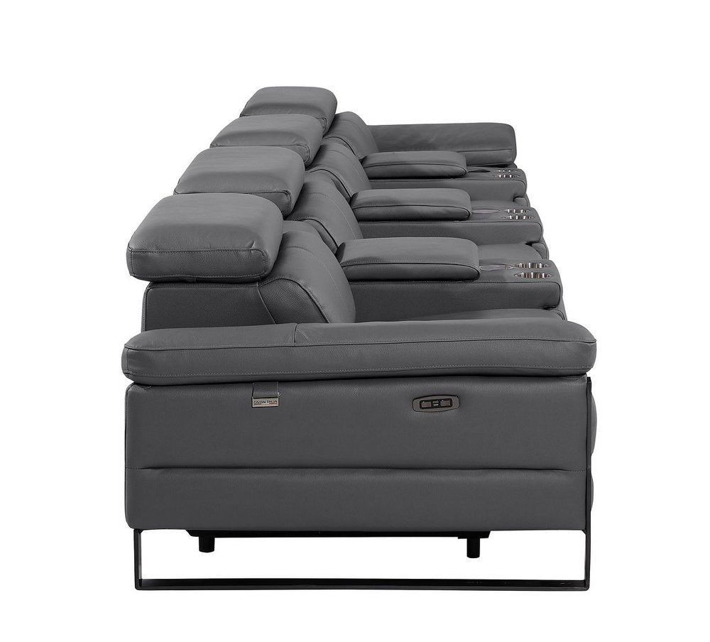 170" Dark Gray Italian Leather Reclining USB and Wireless Charger Sofa And Storage