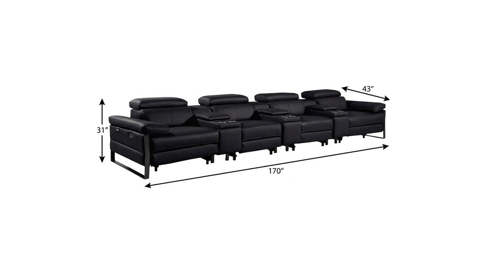 170" Dark Gray Italian Leather Reclining USB and Wireless Charger Sofa And Storage