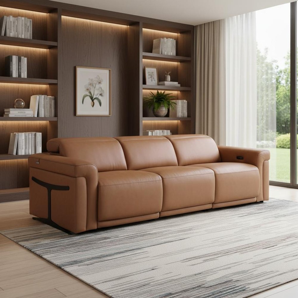 100" Beige Italian Leather Reclining USB Sofa