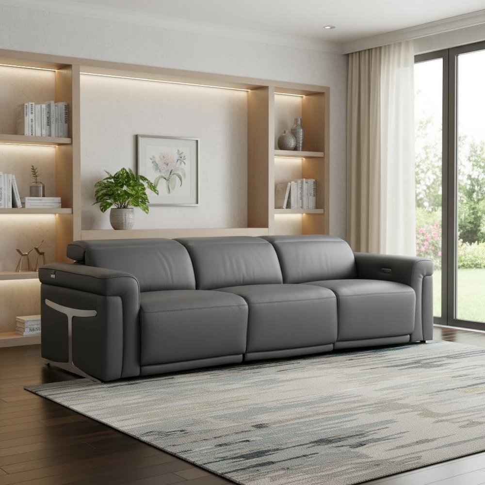 100" Beige Italian Leather Reclining USB Sofa