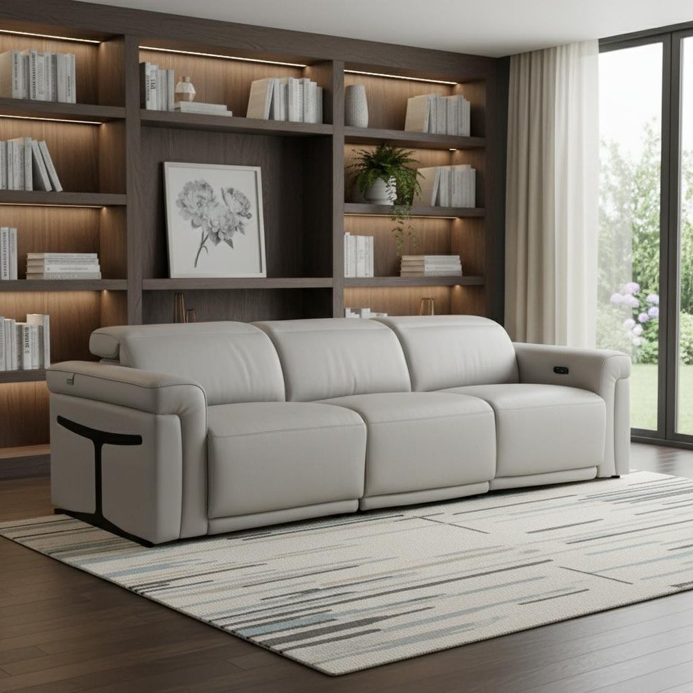 100" Beige Italian Leather Reclining USB Sofa