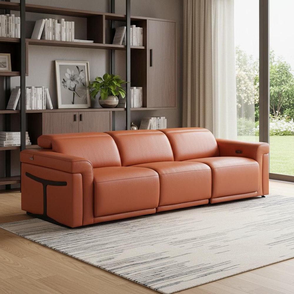 100" Beige Italian Leather Reclining USB Sofa