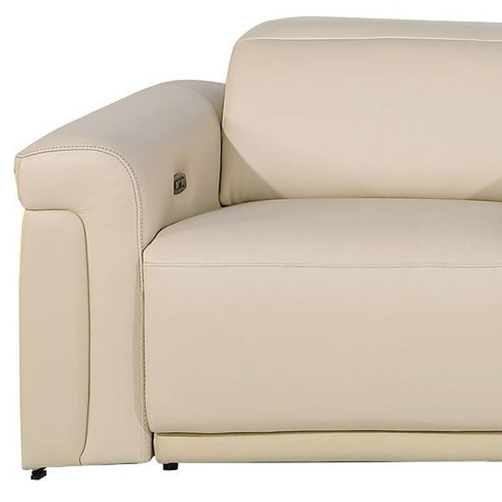 126" Beige Italian Leather Reclining USB and Wireless Charger Sofa And Storage