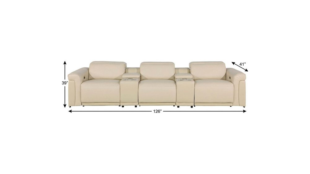 126" Beige Italian Leather Reclining USB and Wireless Charger Sofa And Storage