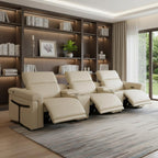 126" Beige Italian Leather Reclining USB and Wireless Charger Sofa And Storage