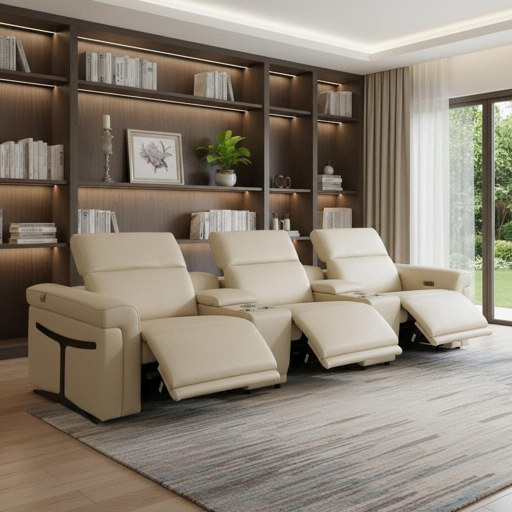 126" Beige Italian Leather Reclining USB and Wireless Charger Sofa And Storage