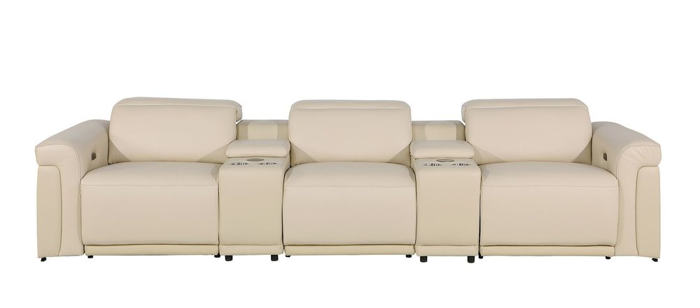 126" Beige Italian Leather Reclining USB and Wireless Charger Sofa And Storage