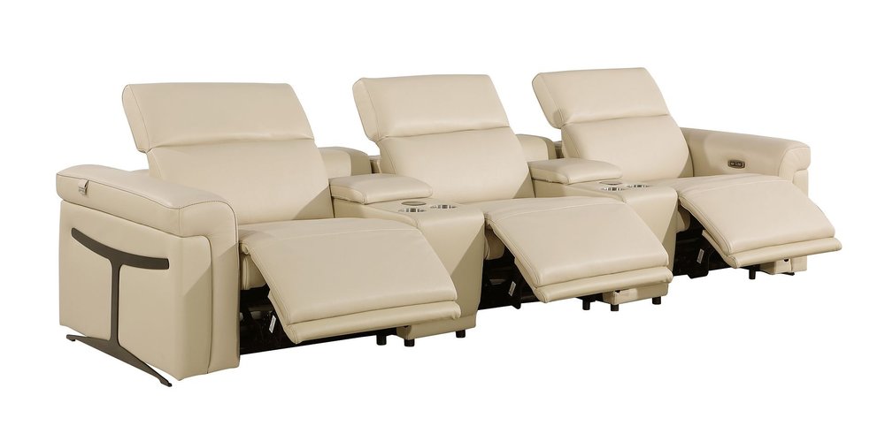 126" Beige Italian Leather Reclining USB and Wireless Charger Sofa And Storage