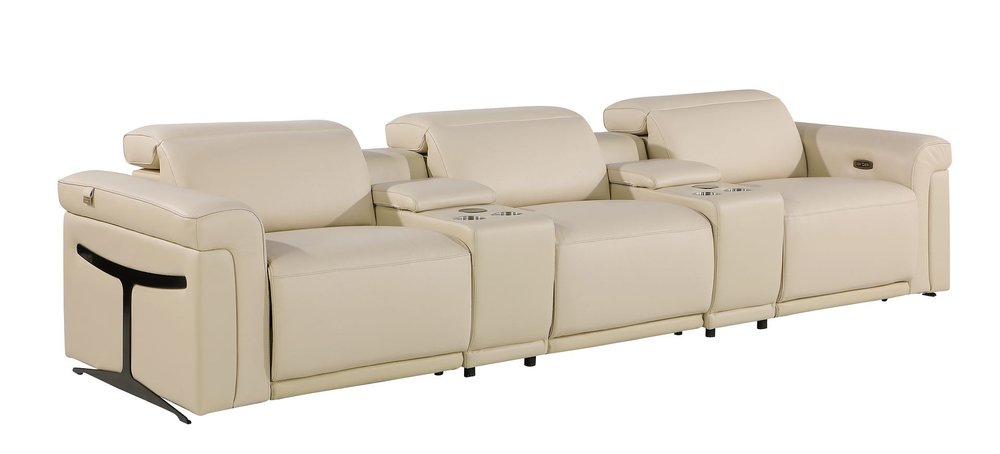 126" Beige Italian Leather Reclining USB and Wireless Charger Sofa And Storage