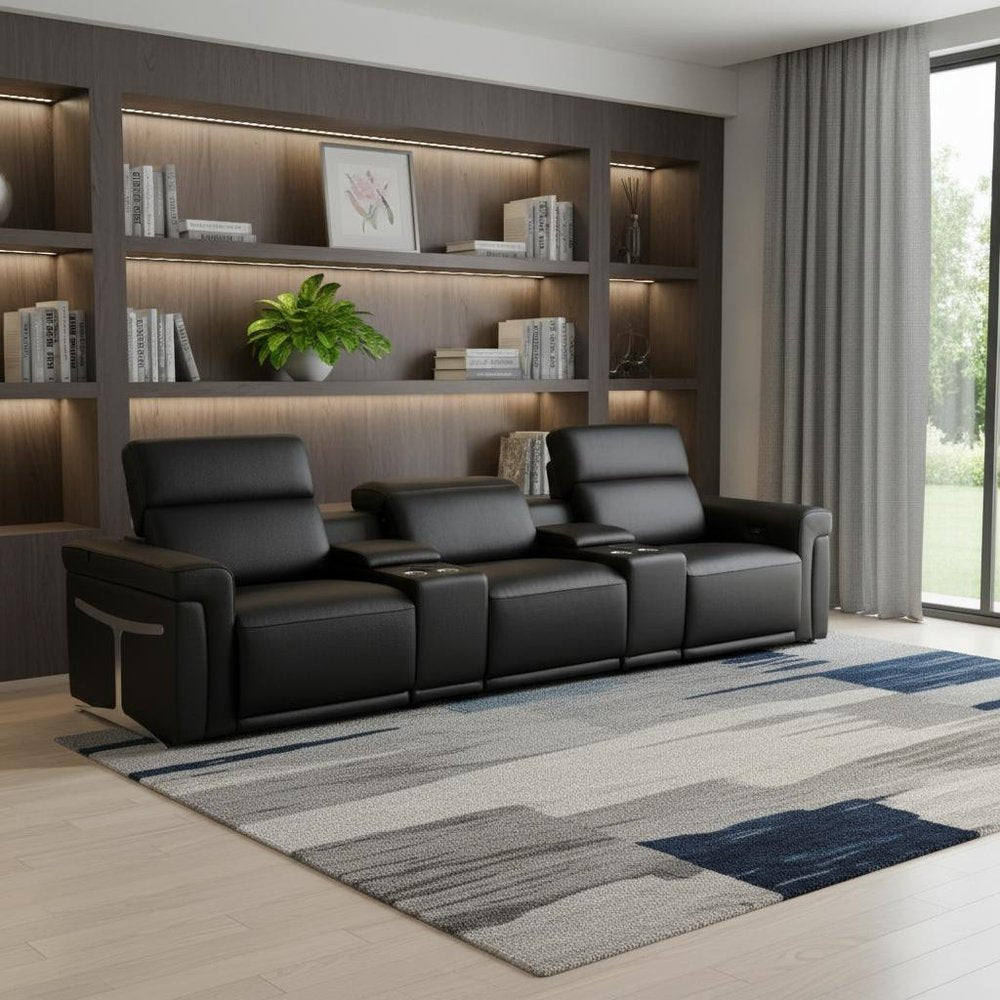 126" Beige Italian Leather Reclining USB and Wireless Charger Sofa And Storage