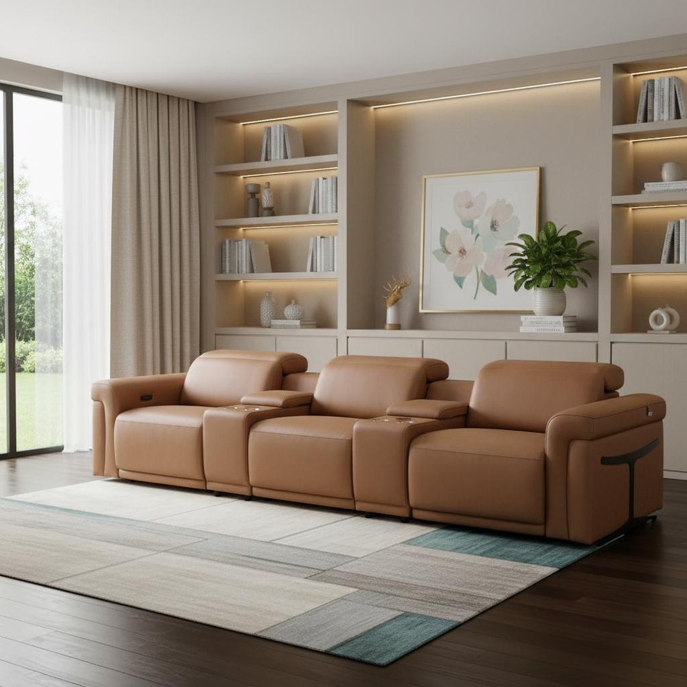 126" Beige Italian Leather Reclining USB and Wireless Charger Sofa And Storage