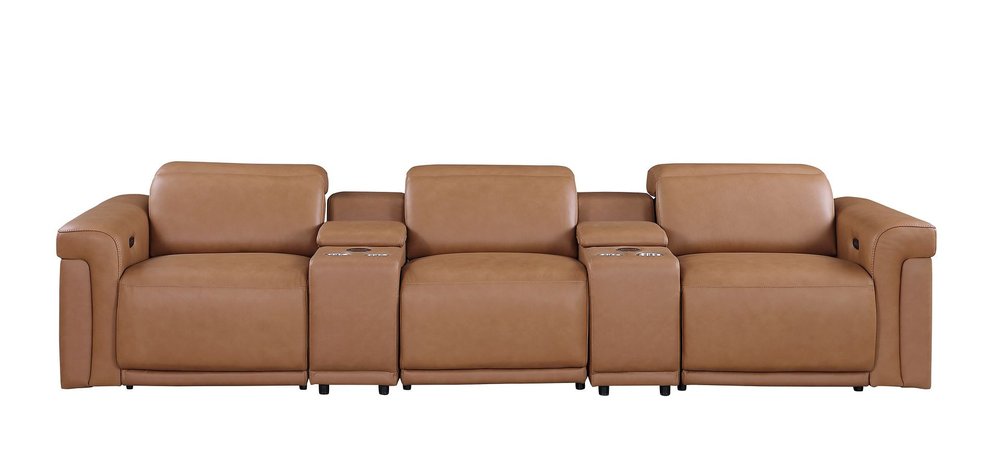 126" Beige Italian Leather Reclining USB and Wireless Charger Sofa And Storage