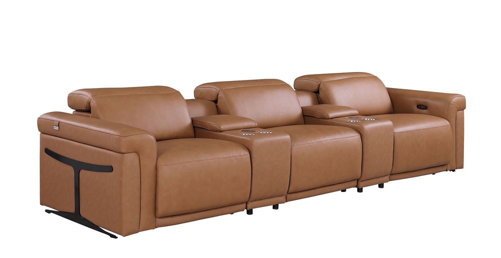 126" Beige Italian Leather Reclining USB and Wireless Charger Sofa And Storage