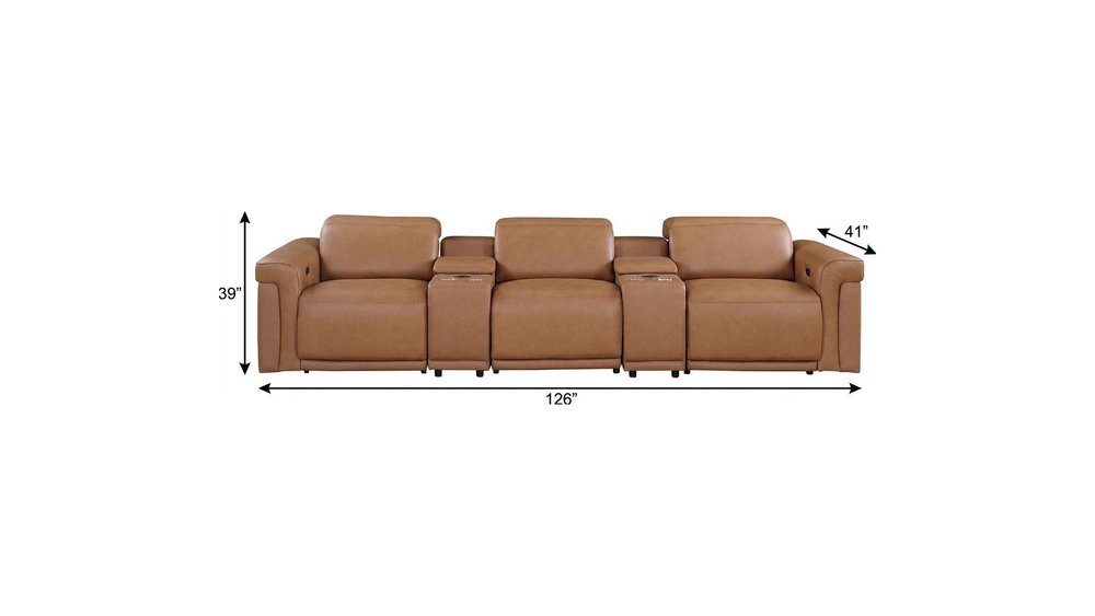 126" Beige Italian Leather Reclining USB and Wireless Charger Sofa And Storage