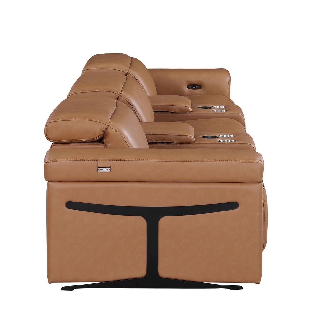 126" Beige Italian Leather Reclining USB and Wireless Charger Sofa And Storage