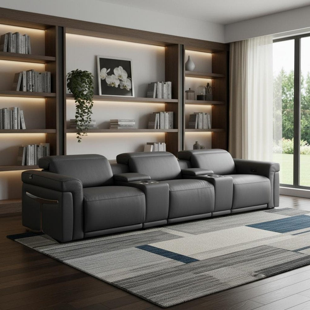 126" Beige Italian Leather Reclining USB and Wireless Charger Sofa And Storage