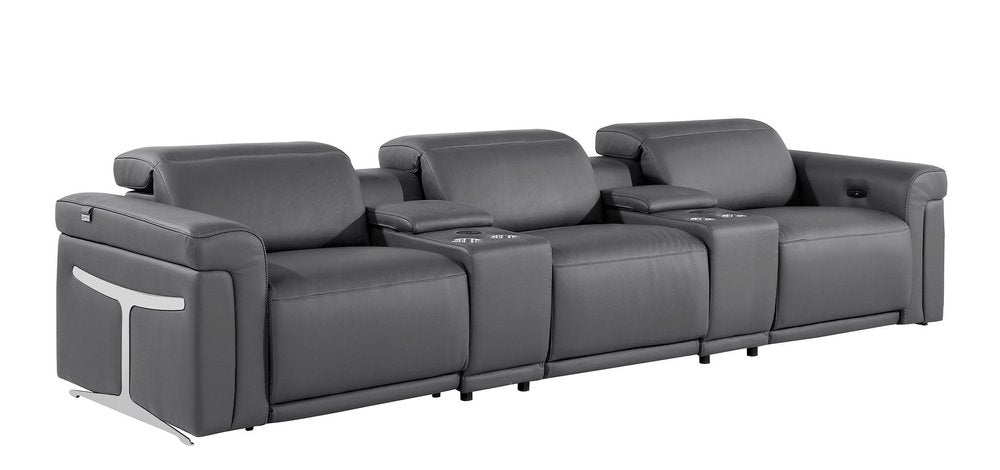 126" Beige Italian Leather Reclining USB and Wireless Charger Sofa And Storage