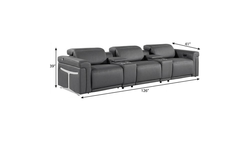 126" Beige Italian Leather Reclining USB and Wireless Charger Sofa And Storage