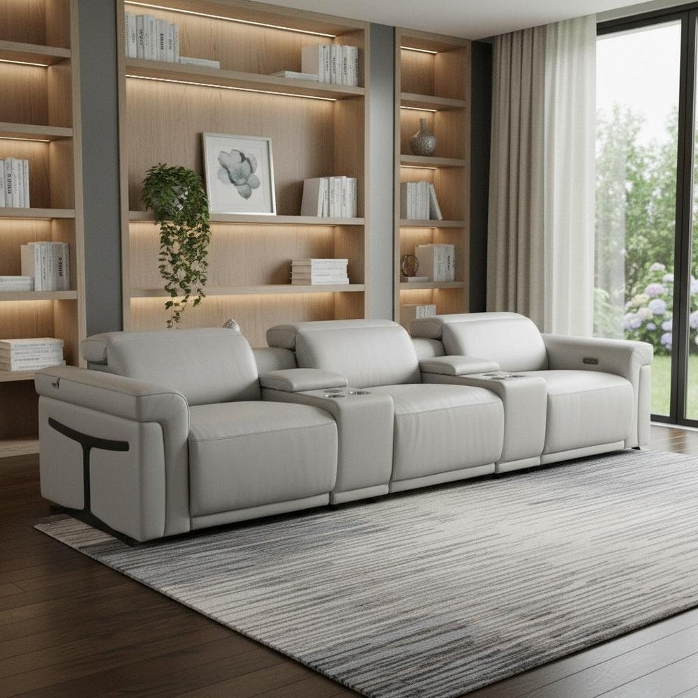 126" Beige Italian Leather Reclining USB and Wireless Charger Sofa And Storage