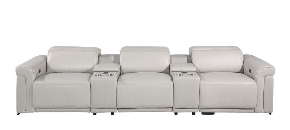 126" Beige Italian Leather Reclining USB and Wireless Charger Sofa And Storage