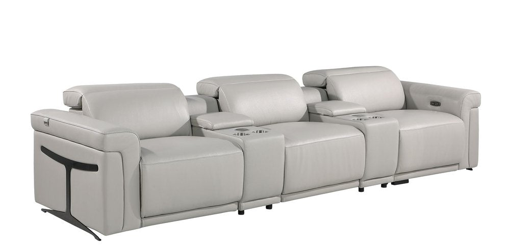 126" Beige Italian Leather Reclining USB and Wireless Charger Sofa And Storage
