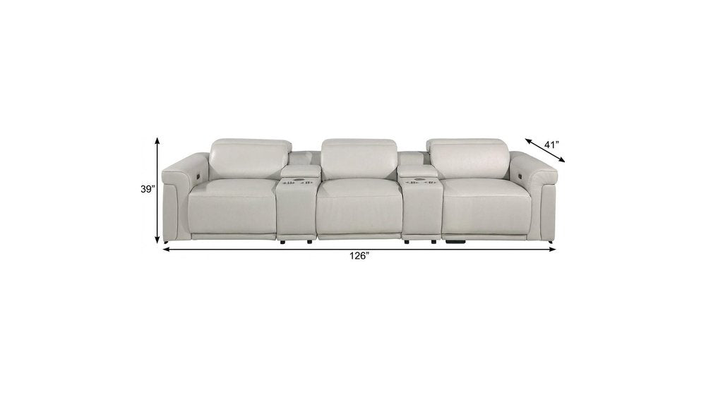 126" Beige Italian Leather Reclining USB and Wireless Charger Sofa And Storage