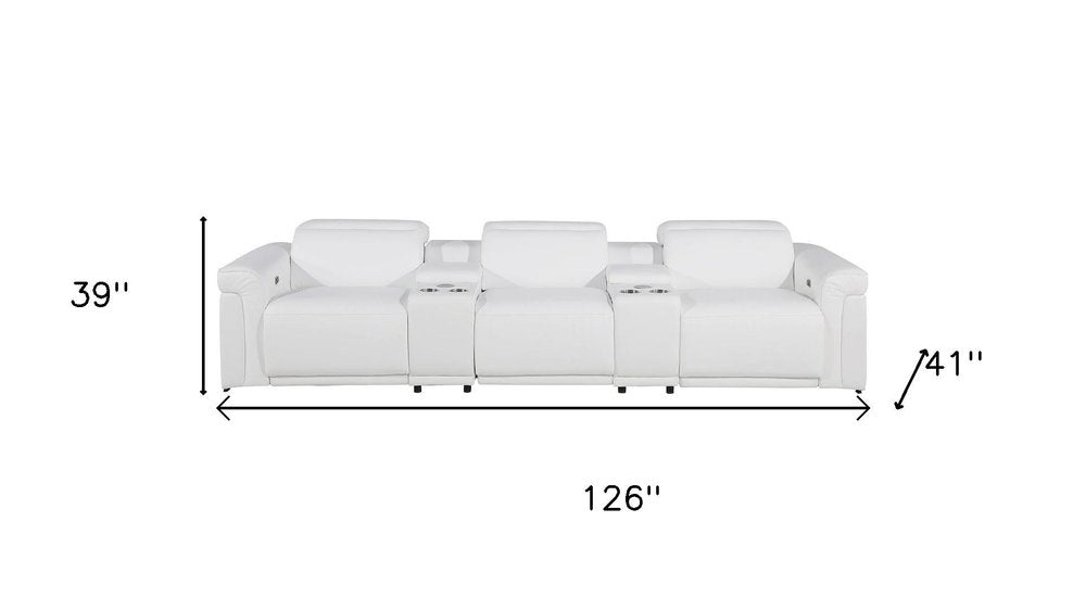 126" Beige Italian Leather Reclining USB and Wireless Charger Sofa And Storage