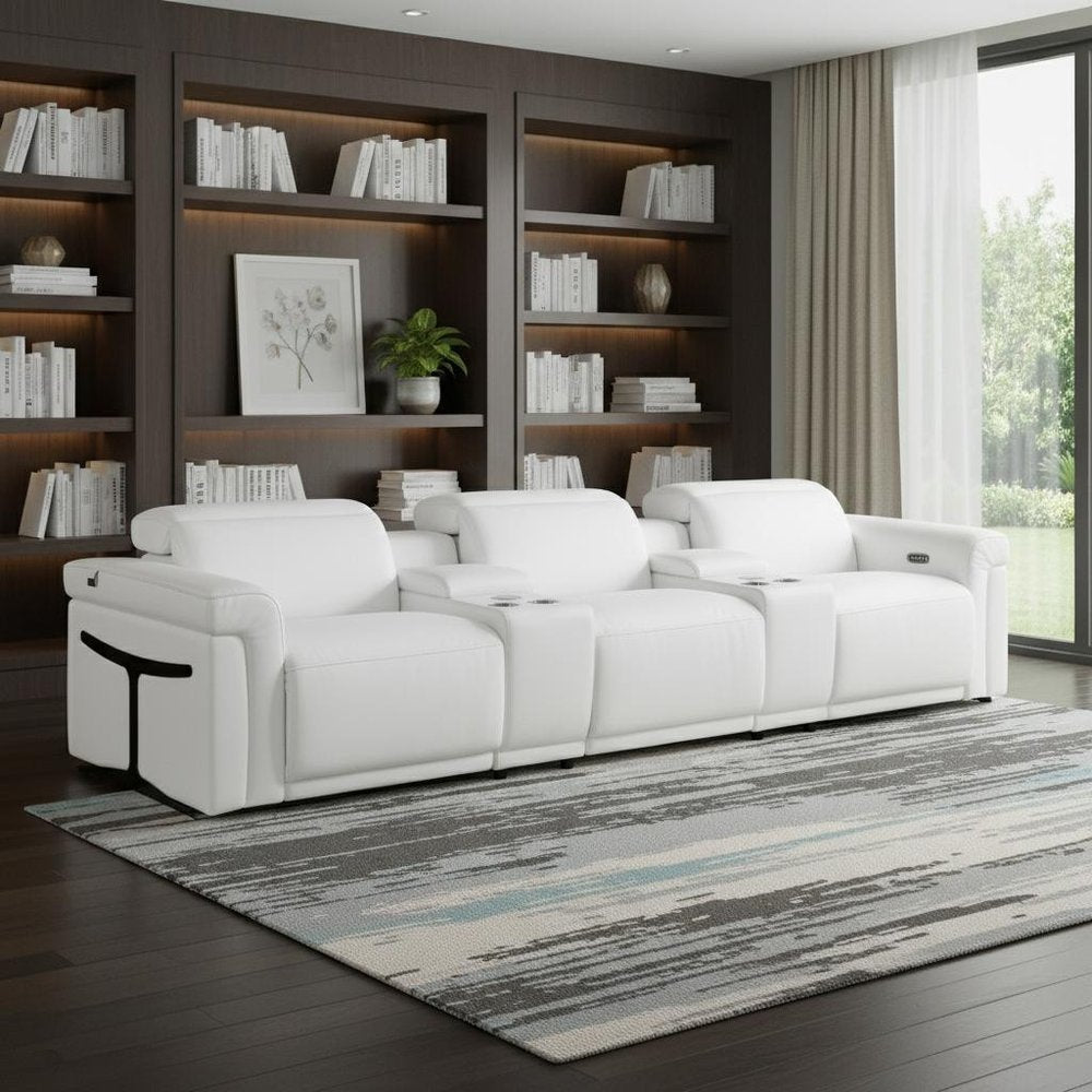 126" Beige Italian Leather Reclining USB and Wireless Charger Sofa And Storage