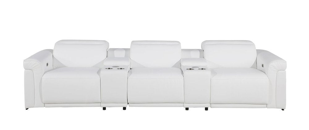 126" Beige Italian Leather Reclining USB and Wireless Charger Sofa And Storage