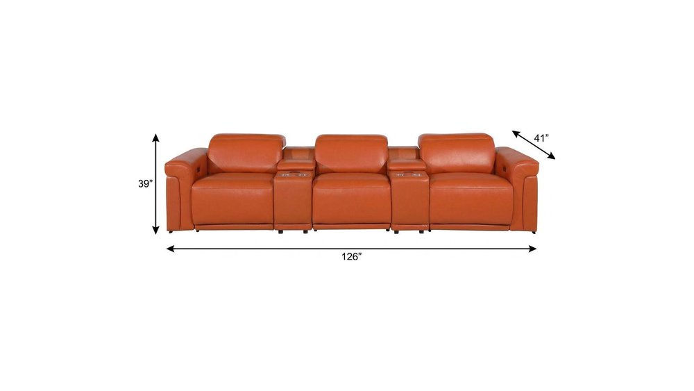126" Beige Italian Leather Reclining USB and Wireless Charger Sofa And Storage