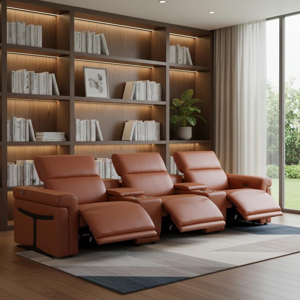 126" Beige Italian Leather Reclining USB and Wireless Charger Sofa And Storage