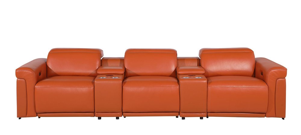 126" Beige Italian Leather Reclining USB and Wireless Charger Sofa And Storage
